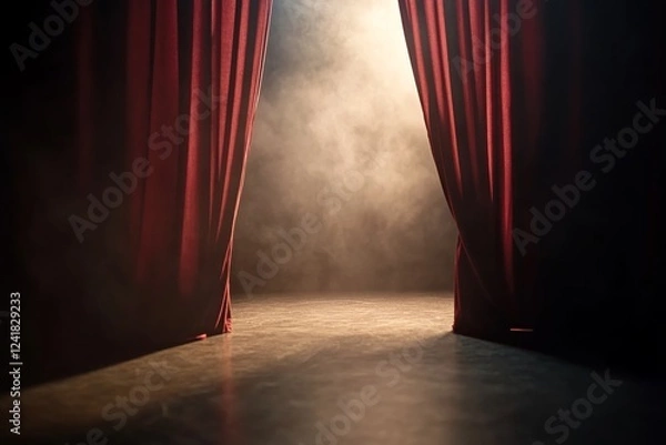 Obraz Low-angle view captures dark crimson theater curtains tied back, exposing a dim stage illuminated by a subtle spotlight casting shadows on fabric