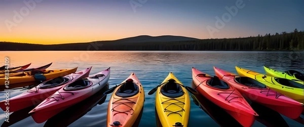 Obraz Stunning display of colorful kayaks lined up along a serene lakeside