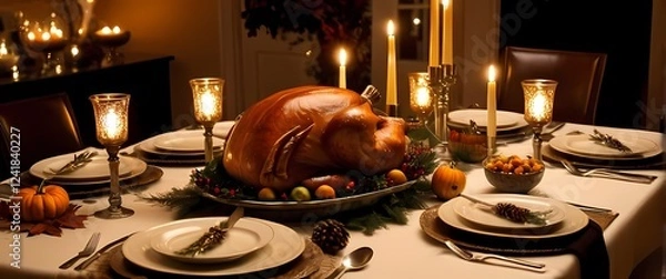Fototapeta Warm and inviting Thanksgiving dinner set beautifully on an elegantly decorated table