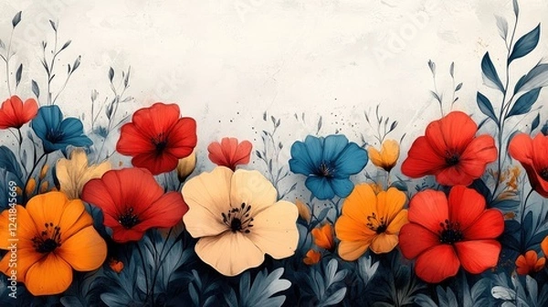Fototapeta Floral illustration with spring wildflowers card template with place for text. Layout with bright colors. Spring flowers illustration. Postcard design for Women's Day, March 8, Mother's Day, Birthday.
