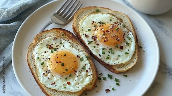 Fototapeta   Two eggs on toast on a plate with a fork and a glass of milk next to them on a table