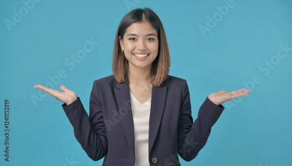 Fototapeta Smiling young woman in business suit shows something on her palms or spreads her arms in surprise. Pretty female on blue background. Portrait. Banner with copy space for text