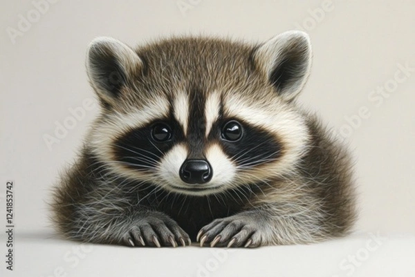 Fototapeta A joyful baby raccoon rests on a smooth surface, showcasing its detailed fur and playful expression in soft lighting