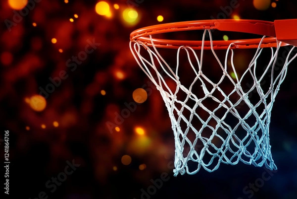 Fototapeta Basketball hoop with net on dark background with bokeh lights. Basketball hoop and net