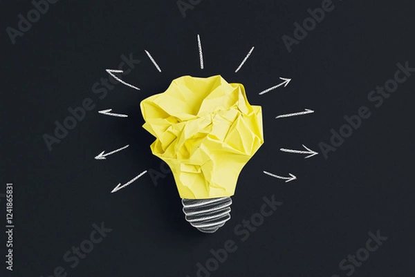 Fototapeta Light bulb made of crumpled yellow paper representing creative idea on black background. Creative light bulb idea with paper and hand drawn arrows around it