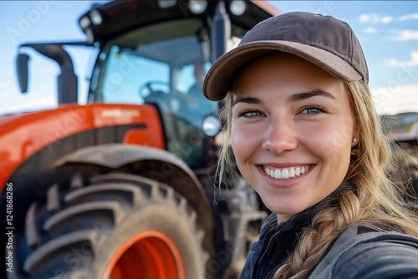 Fototapeta A photo of an attractive female farmer taking a selfie in front of her tractor an orange and black tractor with large wheels She is smiling at the camera shot on a Ca