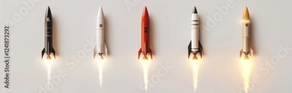 Fototapeta Five rockets launching on white background; startup