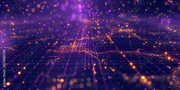 Fototapeta high-tech digital map with glowing purple and orange data points connected by a futuristic grid. Abstract visualization of global networking and technology