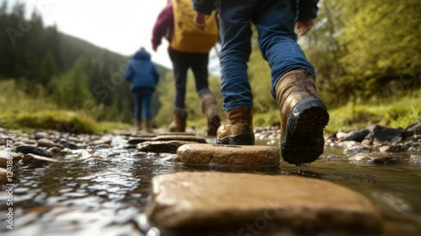 Obraz Exploring nature on stream path with children in boots