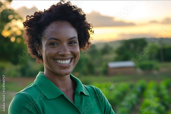 Fototapeta 30yearold brasilian black woman and wellgroomed very happy dark hair groomed with green polo shirt with a positive expression but of doubt too with a farm in the bac