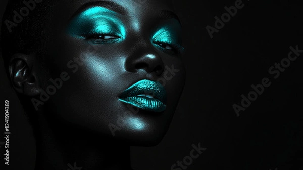 Fototapeta Close-up portrait of a dark-skinned woman with glossy turquoise makeup on her lips and eyes, illuminated with dramatic lighting. The image represents high fashion, beauty, and creativity.