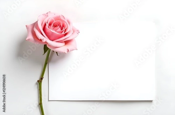 Fototapeta The banner. One pink rose is located on the left, and on the right is a white sheet with free space for text. The background is white
