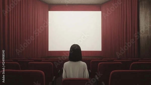 Fototapeta Woman watching blank movie screen in empty theater