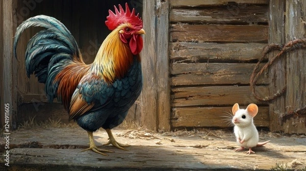 Fototapeta Rooster with vibrant plumage and a small white mouse stand together
