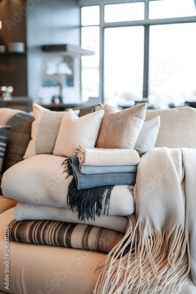 Fototapeta Cozy living room scene featuring a modern sofa adorned with elegant cushions and soft throws, creating a warm and inviting atmosphere perfect for relaxation and comfort.