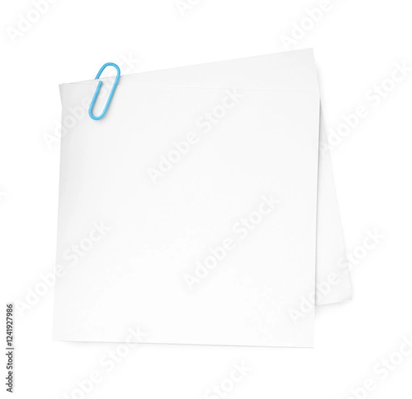 Fototapeta Blank paper notes attached with clip isolated on white, top view