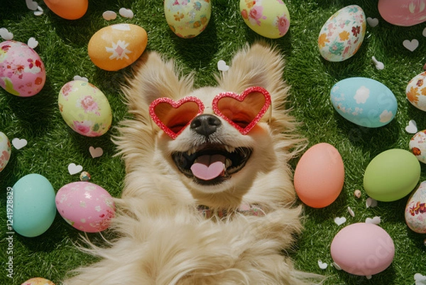 Fototapeta Happy Dog with Heart Sunglasses and Easter Eggs