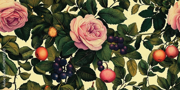 Obraz Floral Vector seamless pattern with roses garden flowers and plants, fruits, berries for fabric, textiles, clothing, wrapping paper, cover, banner, home decor