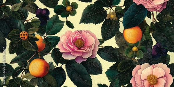 Obraz Floral Vector seamless pattern with roses garden flowers and plants, fruits, berries for fabric, textiles, clothing, wrapping paper, cover, banner, home decor