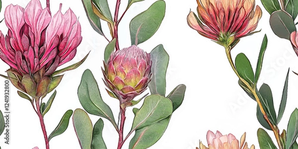 Obraz Seamless Vector pattern with Tropical exotic pink protea flowers in tropical leaves. Botanical African flowers on white background
