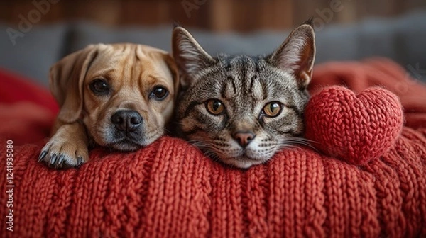 Fototapeta cute cat and dog are lying on a bed together surrounded by knitted red hearts