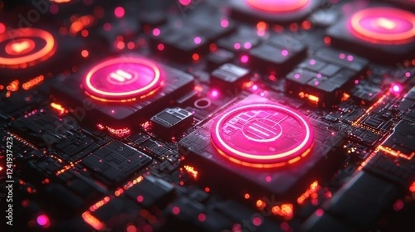 Obraz Glowing Circuit Board, Neon Buttons, Tech Background, Data Processing