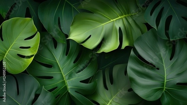 Fototapeta Lush green tropical leaves create a vibrant backdrop, perfect for designs related to nature, wellness, or eco-friendly themes, suitable for websites, brochures, or social media visuals,