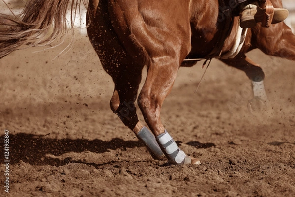 Obraz Action photography of a horse sliding in the dirt.  Horse barrel racing in an arena.