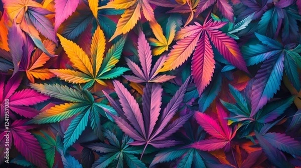 Obraz Marijuana leaves on a colorful background close up top view