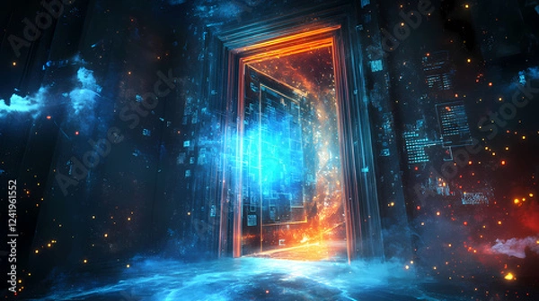 Fototapeta A futuristic door opens into a world of digital data and virtual reality. this portal leads to a fantasy realm, an artificial universe built from code. Portal & Dimensional Effects. Illustration
