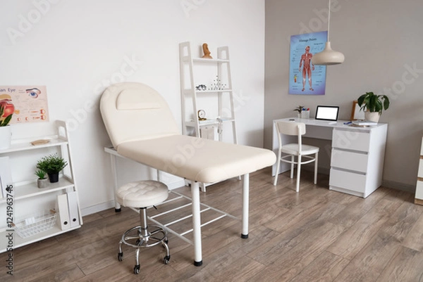 Fototapeta Interior of medical office with couch, shelf units and doctor's workplace
