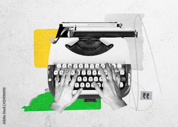 Fototapeta Surreal collage typewriter and hands