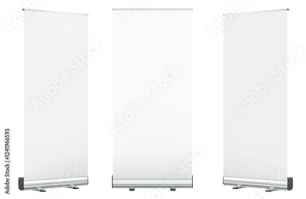 Obraz Blank Roll Up Banners. Rollup aluminium self-rolling display stands, self-rolling advertising displays. Mockup, template. 3D rendering isolated on transparent background