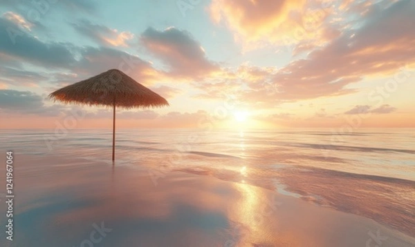 Fototapeta Golden sunrise over a tropical beach, calm waves reflecting the vibrant hues of the sky, thatched umbrella casting a soft shadow on the sand, idyllic getaway