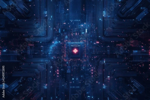 Fototapeta Futuristic motherboard circuit with glowing center, suitable for technology, cyber, or digital concepts