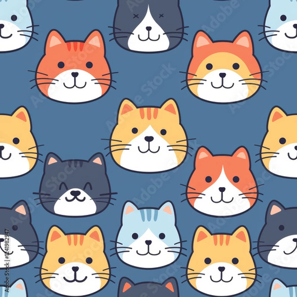 Fototapeta Playful cat pattern design digital art whimsical style blue background fun concept