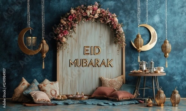 Fototapeta eid mubarak celebration setup with floral arch and golden lanterns