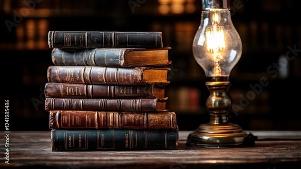 Fototapeta A tower of old leather-bound books with intricate stitching, faint engravings on covers, placed beside a vintage oil lamp on a wooden desk