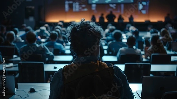 Fototapeta Real life university classroom with professor in front explaining and students sitting with their computers concentrating on class