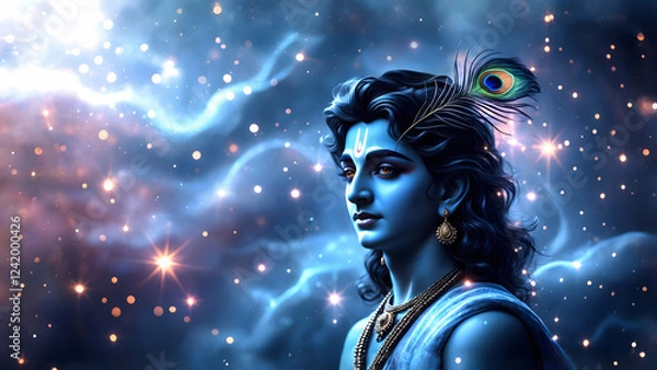 Fototapeta Lord Krishna adorned with a peacock feather against glowing cosmic background.