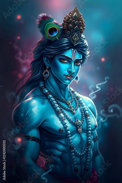 Fototapeta Digital painting of Lord Krishna, depicted strong a powerful as a warrior against ethereal background