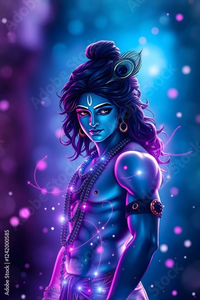 Fototapeta Hindu God Krishna with radiant skin, expressive eyes, flowing hair adorned with a peacock feather, and a mystical aura