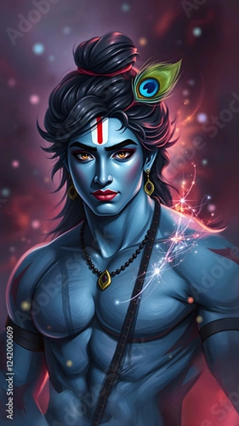 Fototapeta Portrait of Lord Krishna with deep blue skin, intense golden eyes and a peacock feather in hair