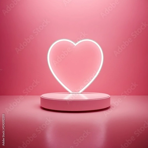 Fototapeta Romantic scene with minimalistic podium in pink room with white neon glowing heart. Square 3D banner of a scene with geometrical forms for cosmetic product display for Valentine's Day or Wedding