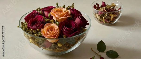Fototapeta Elegant Arrangement of Fresh Roses in Glass Bowls for Stylish Decor