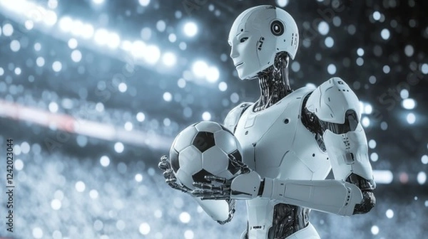 Fototapeta A futuristic robot holding a soccer ball in a modern, futuristic setting with shimmering lights and detailed digital connections in the background