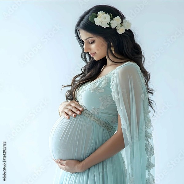Obraz indian Pregnant lady holding her belly white background light cyan color dress waering real image side pose