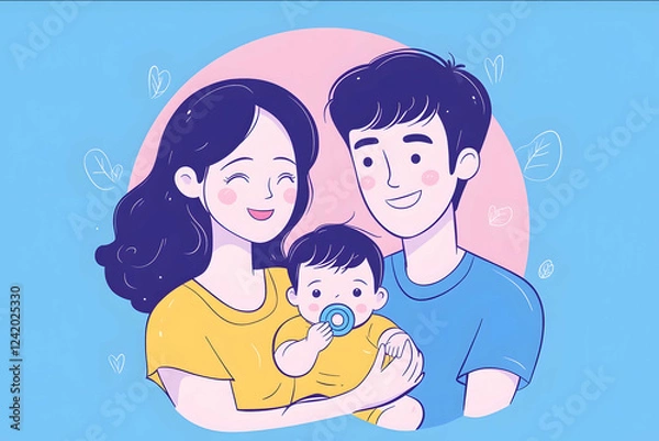 Obraz Illustration style cartoon style a family of three with a man and a woman holding a baby eating a pacifier in their arms smiling bold lines blue pink background