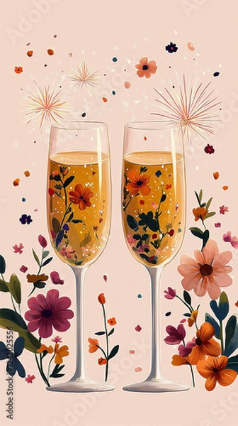 Fototapeta An illustration of two champagne glasses with floral patterns and fireworks in the background. Valentine's Day, Women's Day, Easter