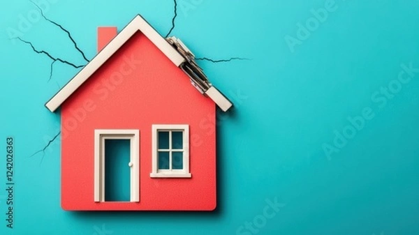 Fototapeta A stylized red house model with a cracked wall and a wrench, set against a teal background, symbolizes home repair and maintenance challenges.